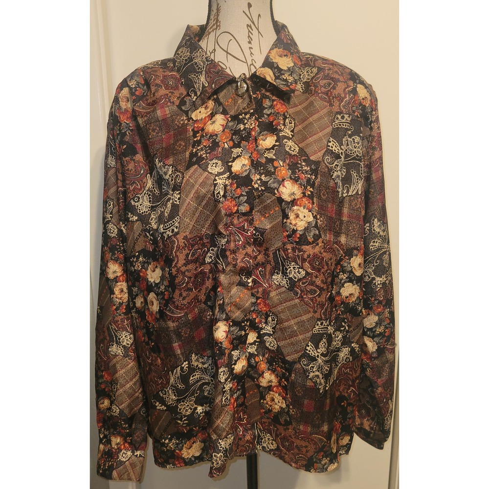Erena by Irene Koenig Woman 18W Mixed‎ Media Print Long Sleeve Satin Blouse Top